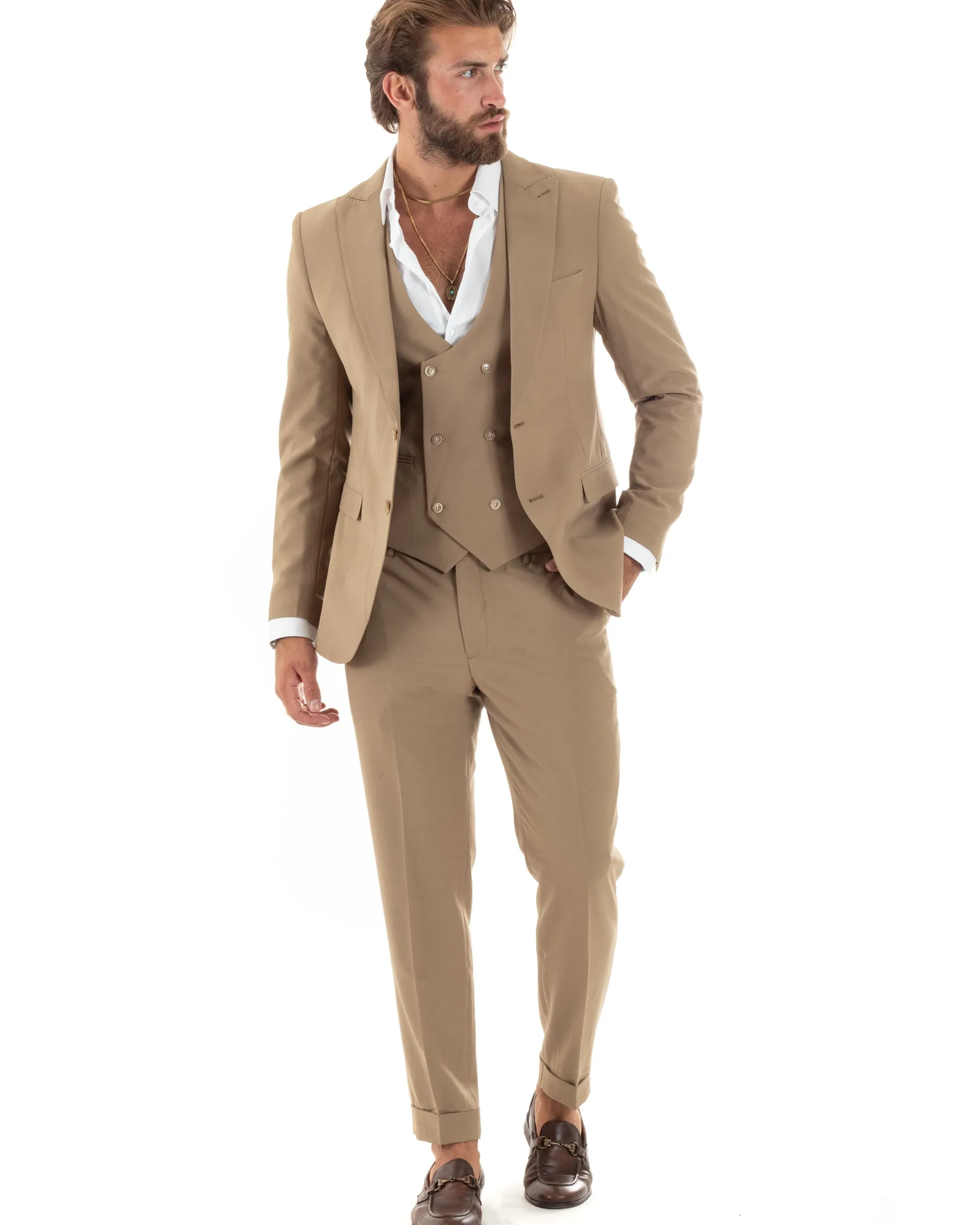 Abito uomo monopetto vestito 3 pezzi completo panciotto camel GIOSAL-AE1096A