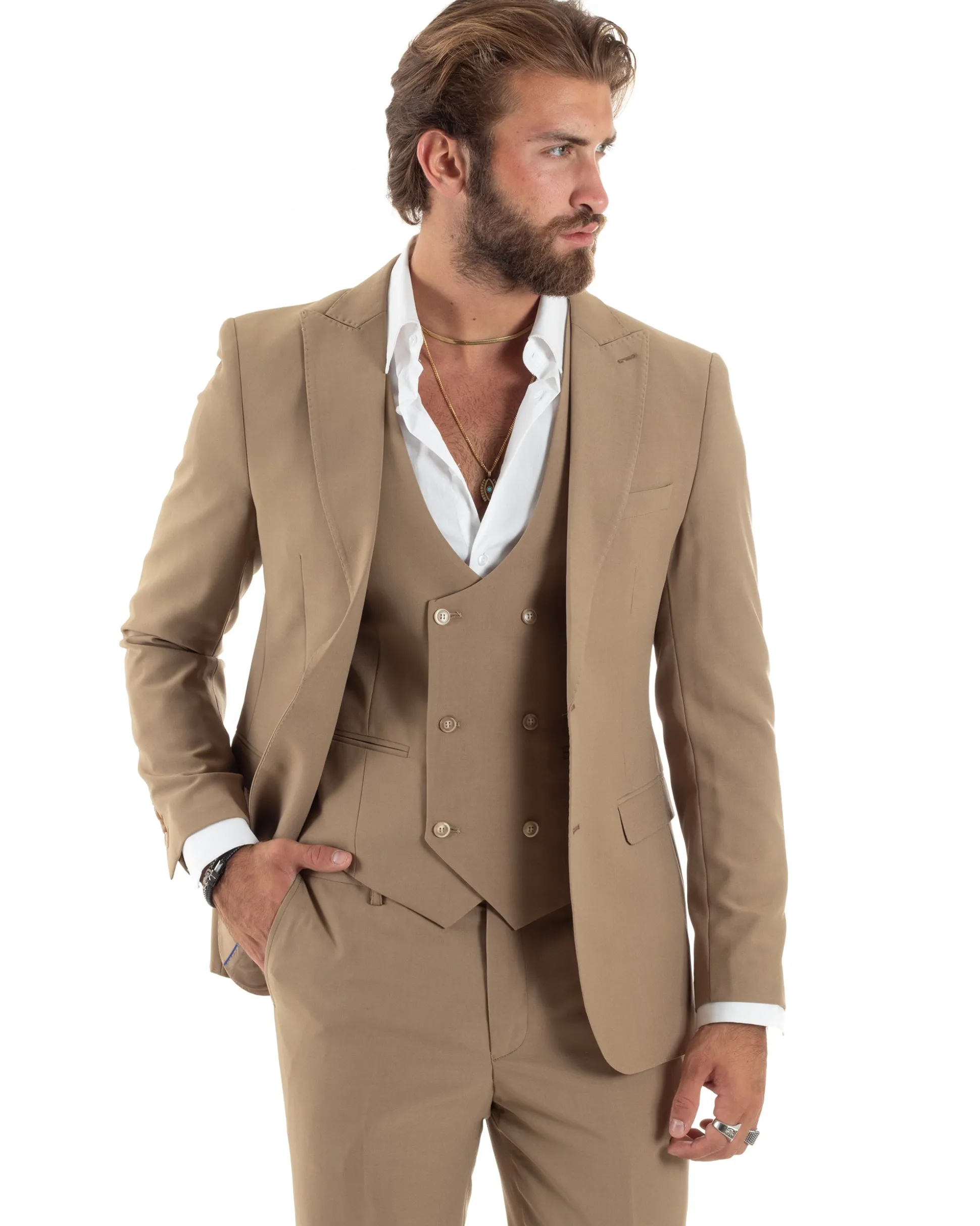 Abito uomo monopetto vestito 3 pezzi completo panciotto camel GIOSAL-AE1096A
