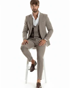 Abito uomo monopetto vestito 3 pezzi completo panciotto beige melangiato GIOSAL-AE1063A