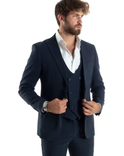 Abito uomo monopetto vestito 3 pezzi completo panciotto blu melangiato GIOSAL-AE1062A