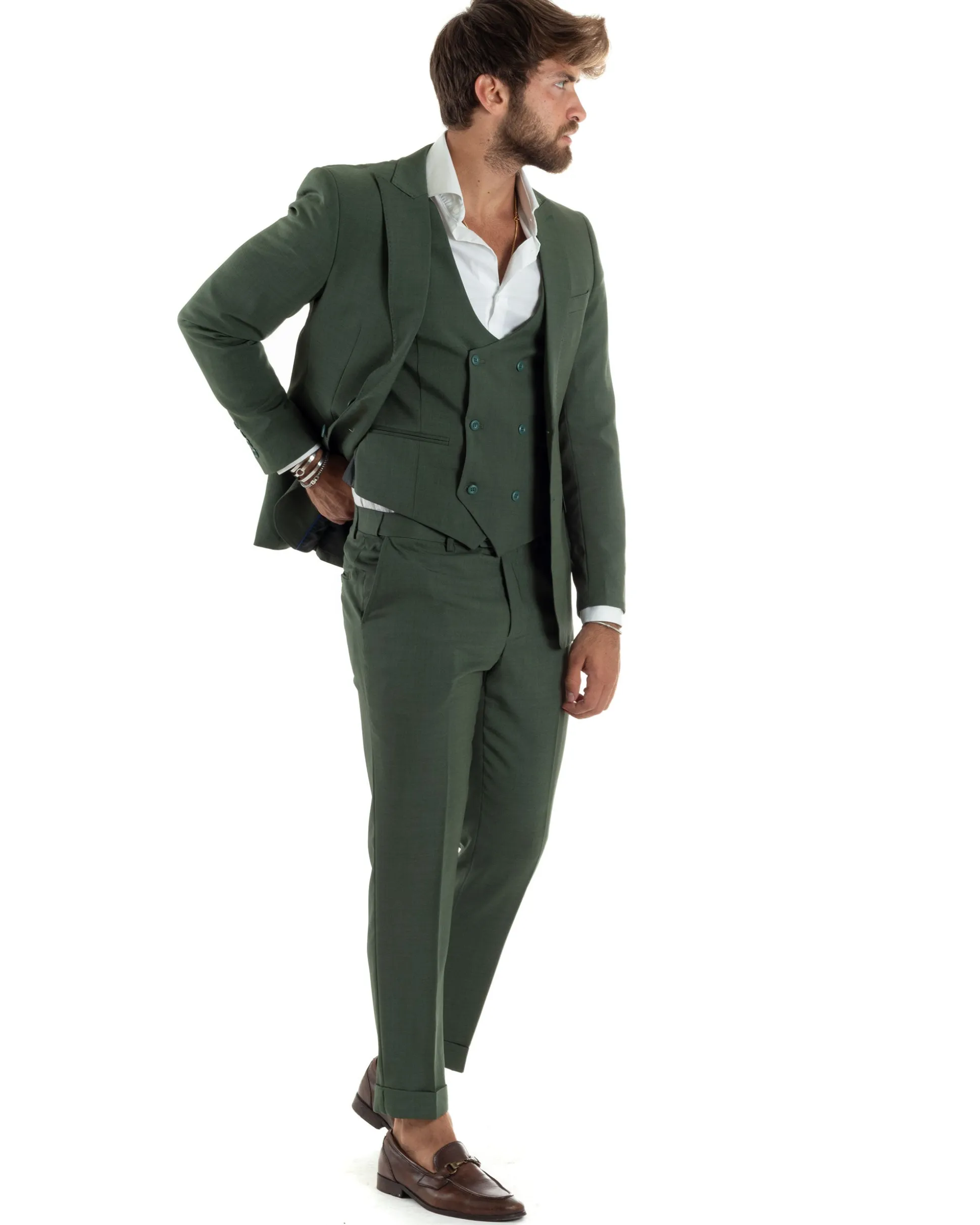 Abito uomo monopetto vestito 3 pezzi completo panciotto verde melangiato GIOSAL-AE1061A