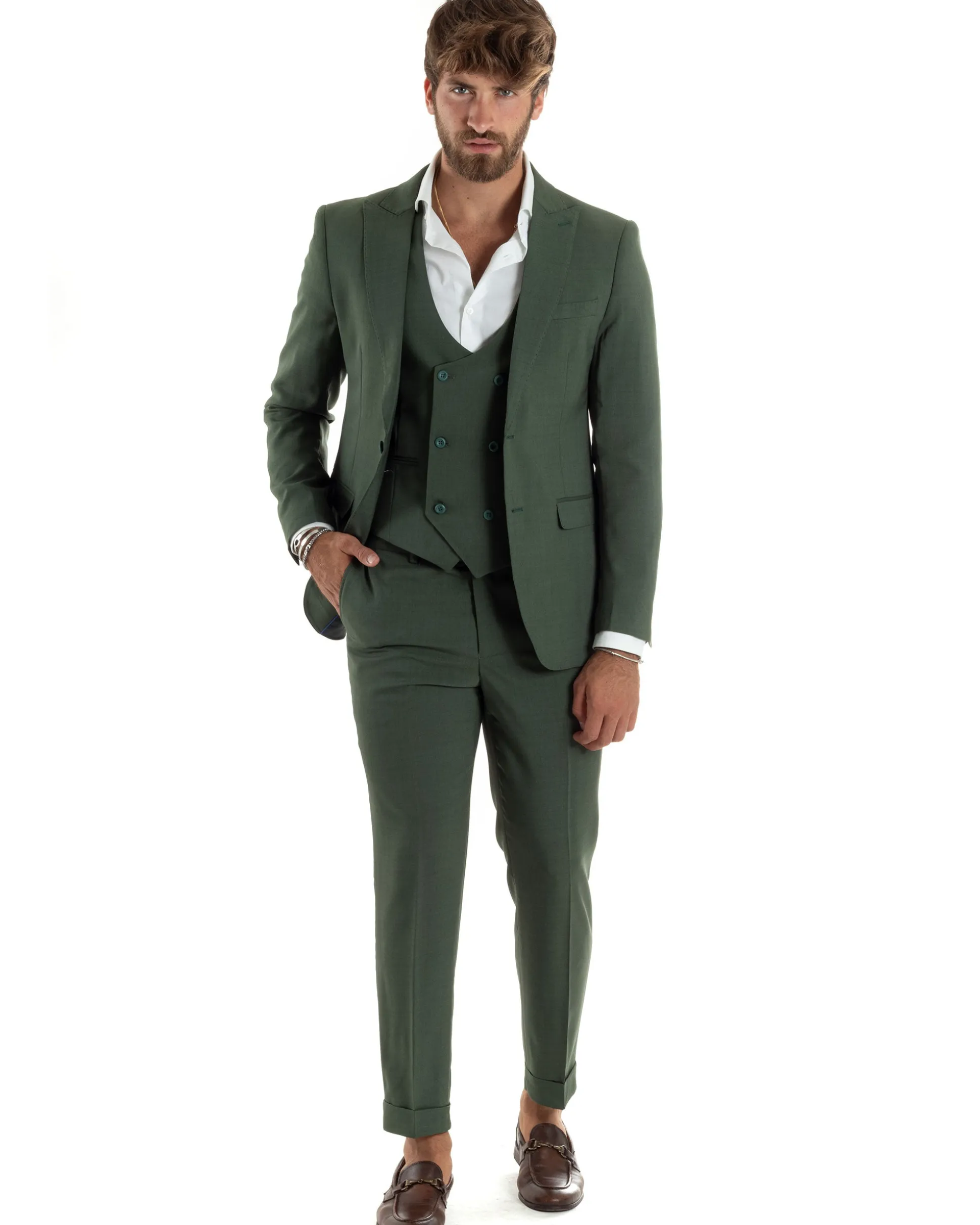 Abito uomo monopetto vestito 3 pezzi completo panciotto verde melangiato GIOSAL-AE1061A