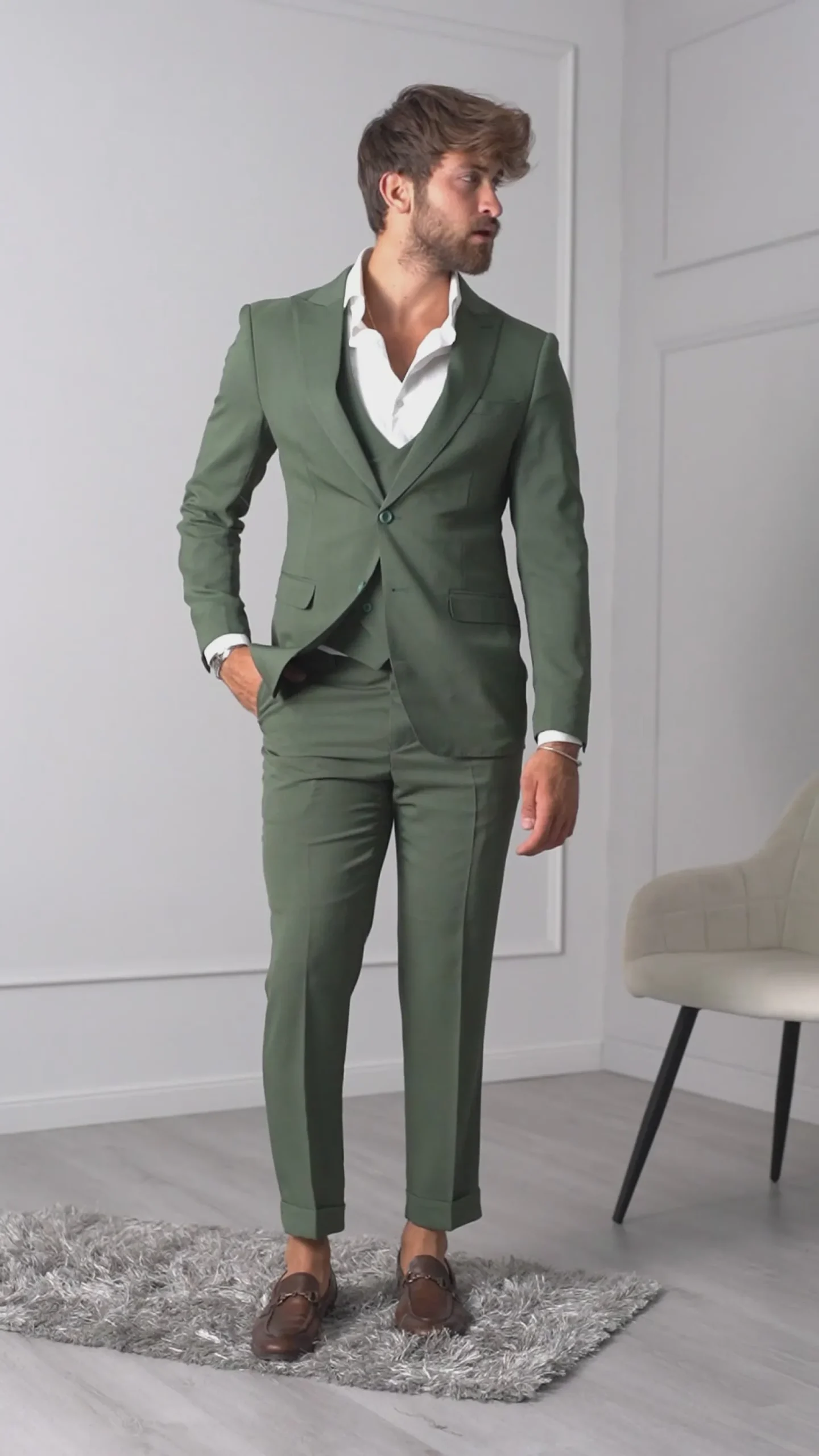 Abito uomo monopetto vestito 3 pezzi completo panciotto verde melangiato GIOSAL-AE1061A