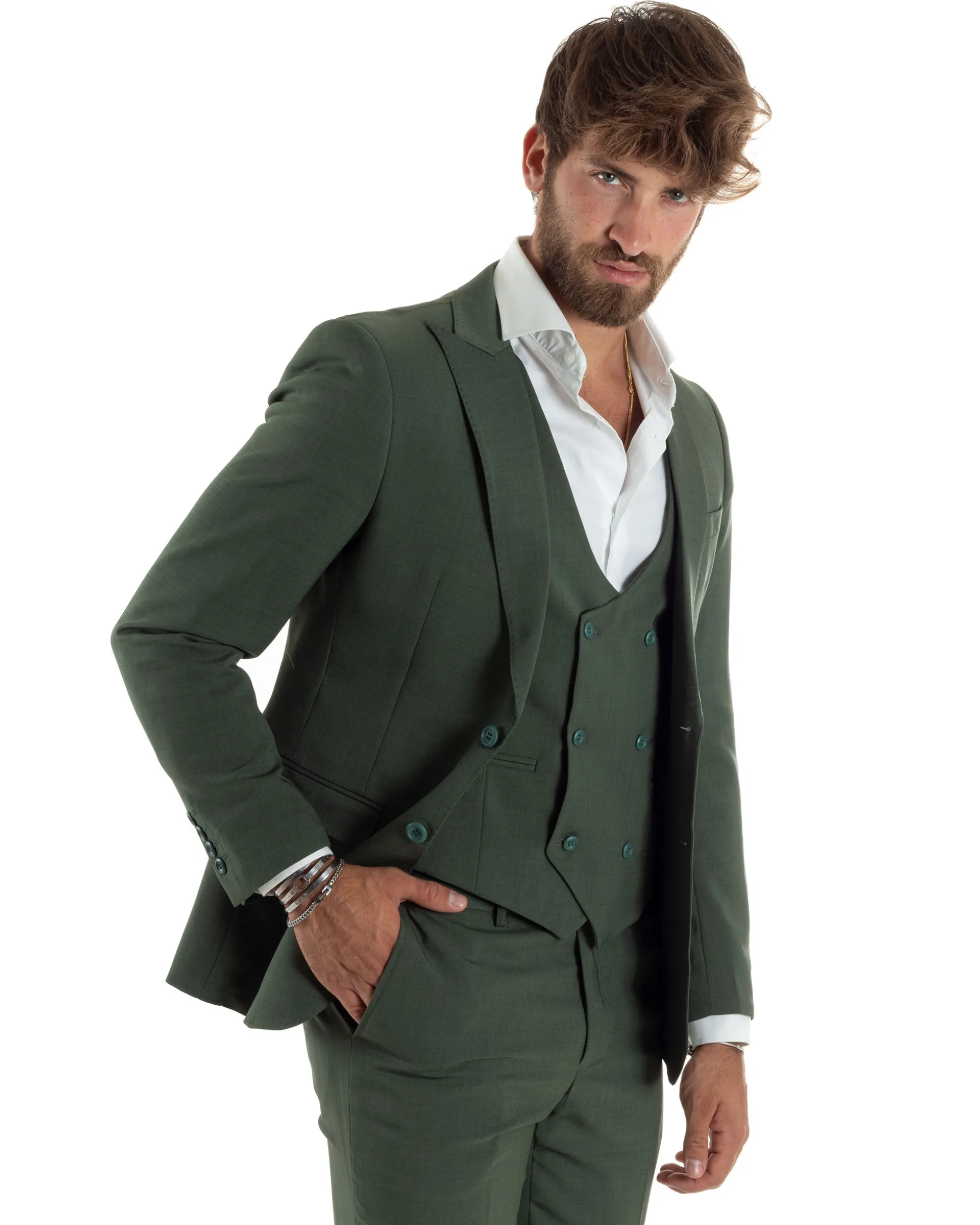 Abito uomo monopetto vestito 3 pezzi completo panciotto verde melangiato GIOSAL-AE1061A