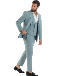 Abito Uomo Monopetto Vestito 3 Pezzi Completo Panciotto Verde Acqua Melangiato AE1114A