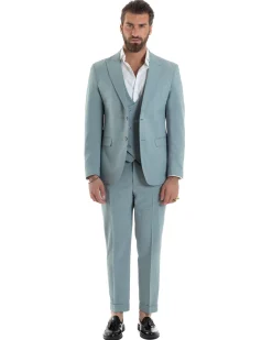 Abito Uomo Monopetto Vestito 3 Pezzi Completo Panciotto Verde Acqua Melangiato AE1114A