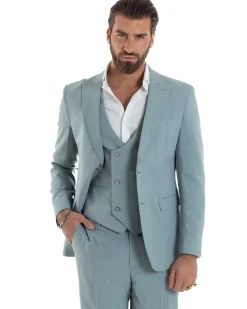 Abito Uomo Monopetto Vestito 3 Pezzi Completo Panciotto Verde Acqua Melangiato AE1114A