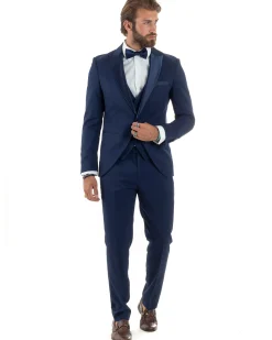 Abito Uomo Monopetto Vestito 3 Pezzi Completo Panciotto Smoking Raso Blu AE1099A