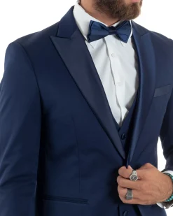 Abito Uomo Monopetto Vestito 3 Pezzi Completo Panciotto Smoking Raso Blu AE1099A