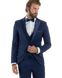 Abito Uomo Monopetto Vestito 3 Pezzi Completo Panciotto Smoking Raso Blu AE1099A