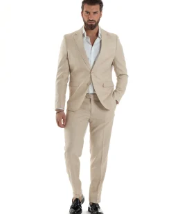 Abito Uomo Monopetto Vestito Viscosa Completo Giacca Pantaloni Beige Melangiato AE1127A