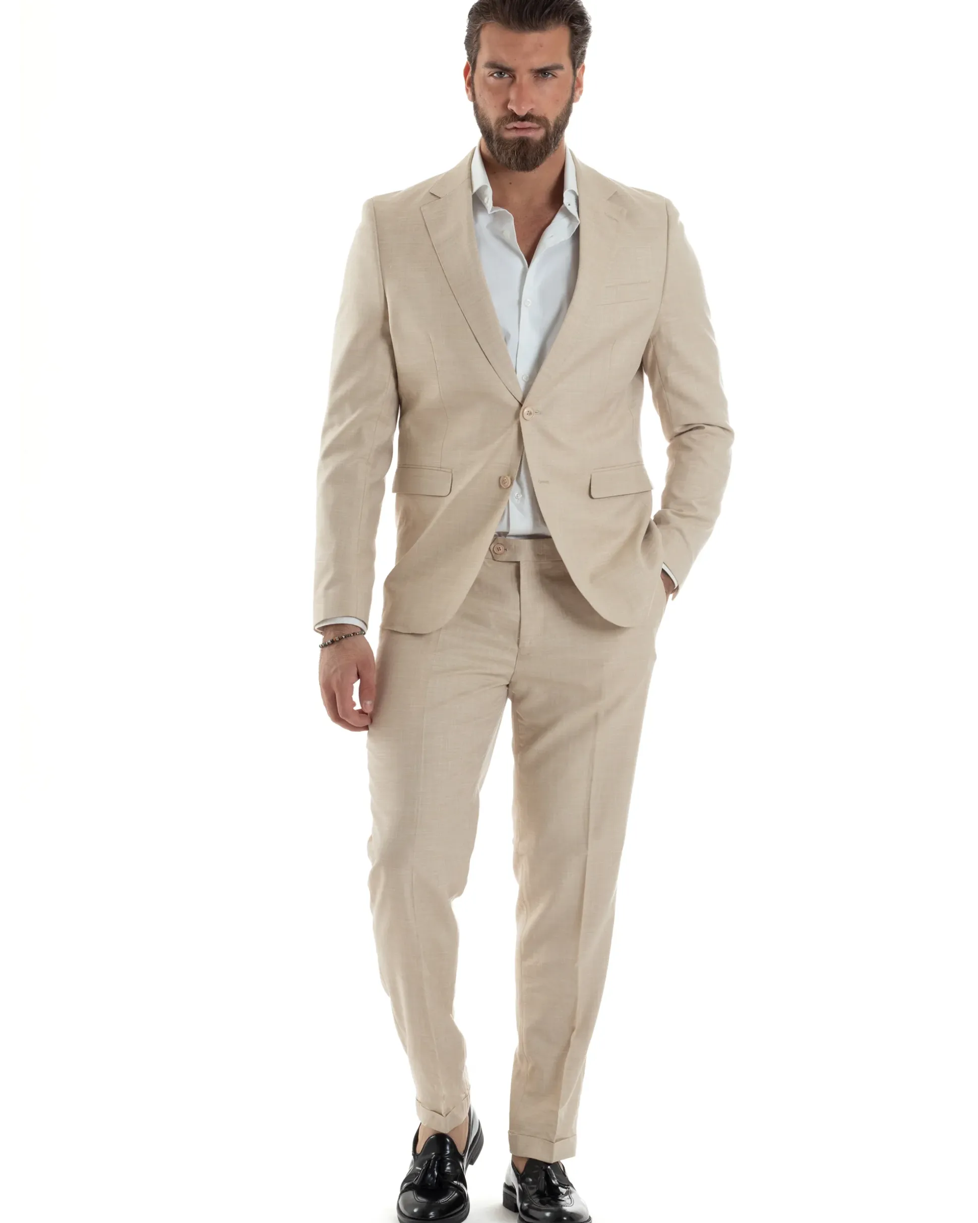 Abito Uomo Monopetto Vestito Viscosa Completo Giacca Pantaloni Beige Melangiato AE1127A