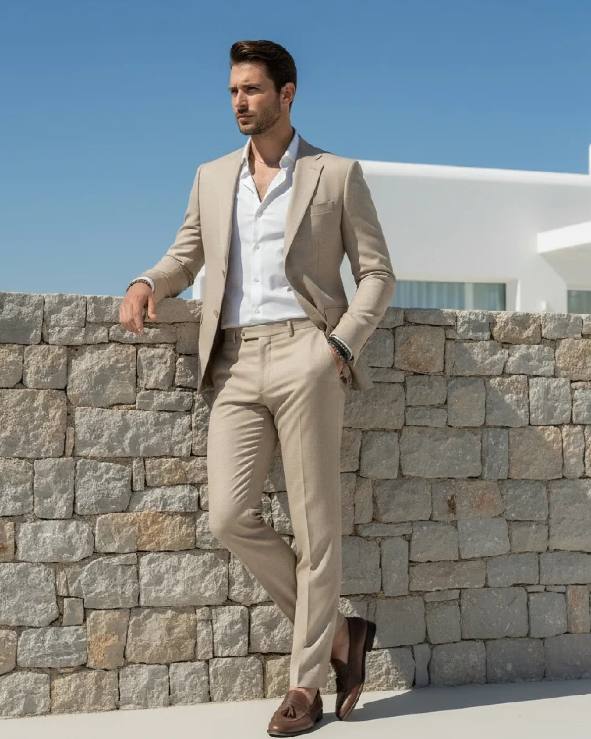 Abito Uomo Monopetto Vestito Viscosa Completo Giacca Pantaloni Beige Melangiato AE1127A