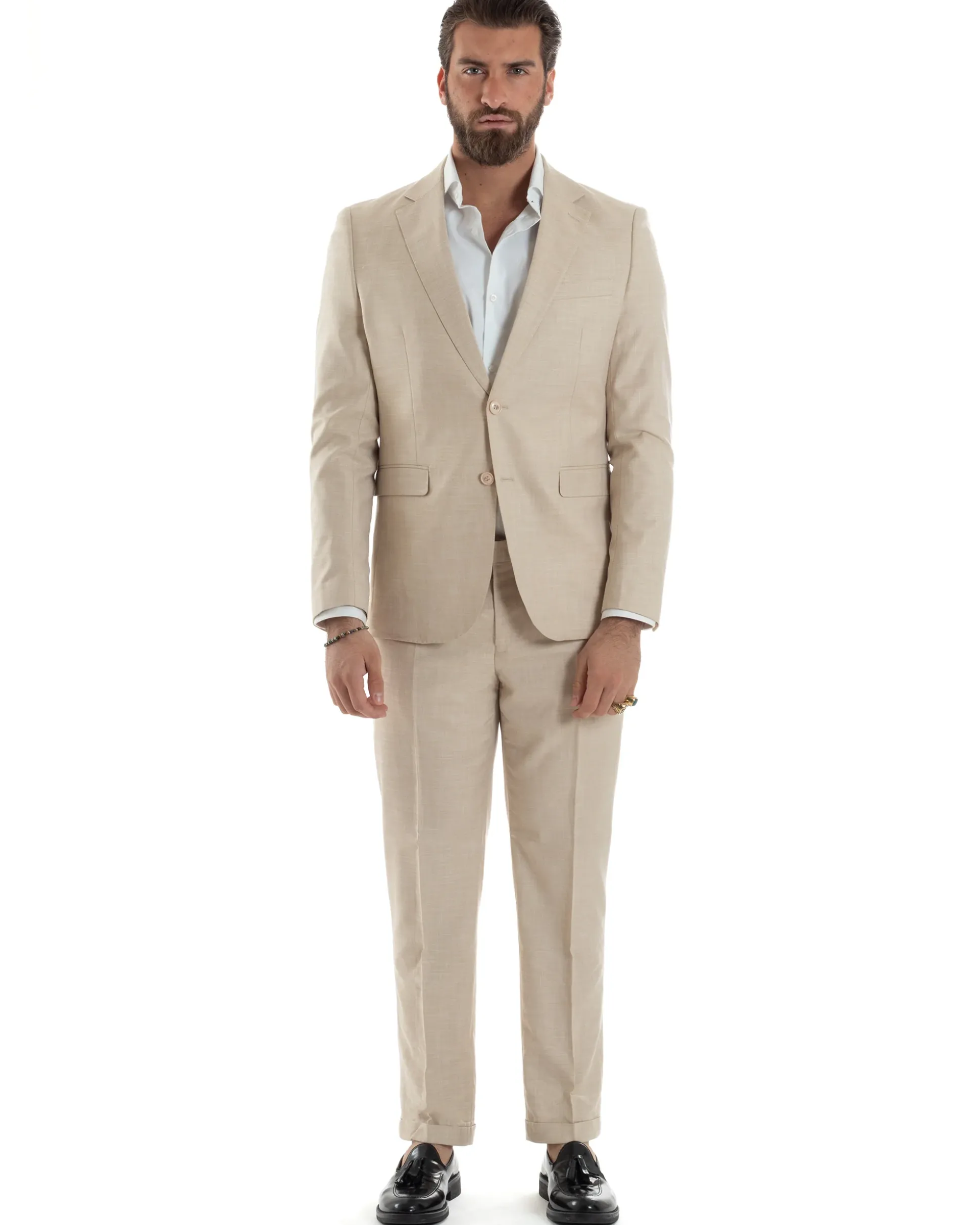 Abito Uomo Monopetto Vestito Viscosa Completo Giacca Pantaloni Beige Melangiato AE1127A