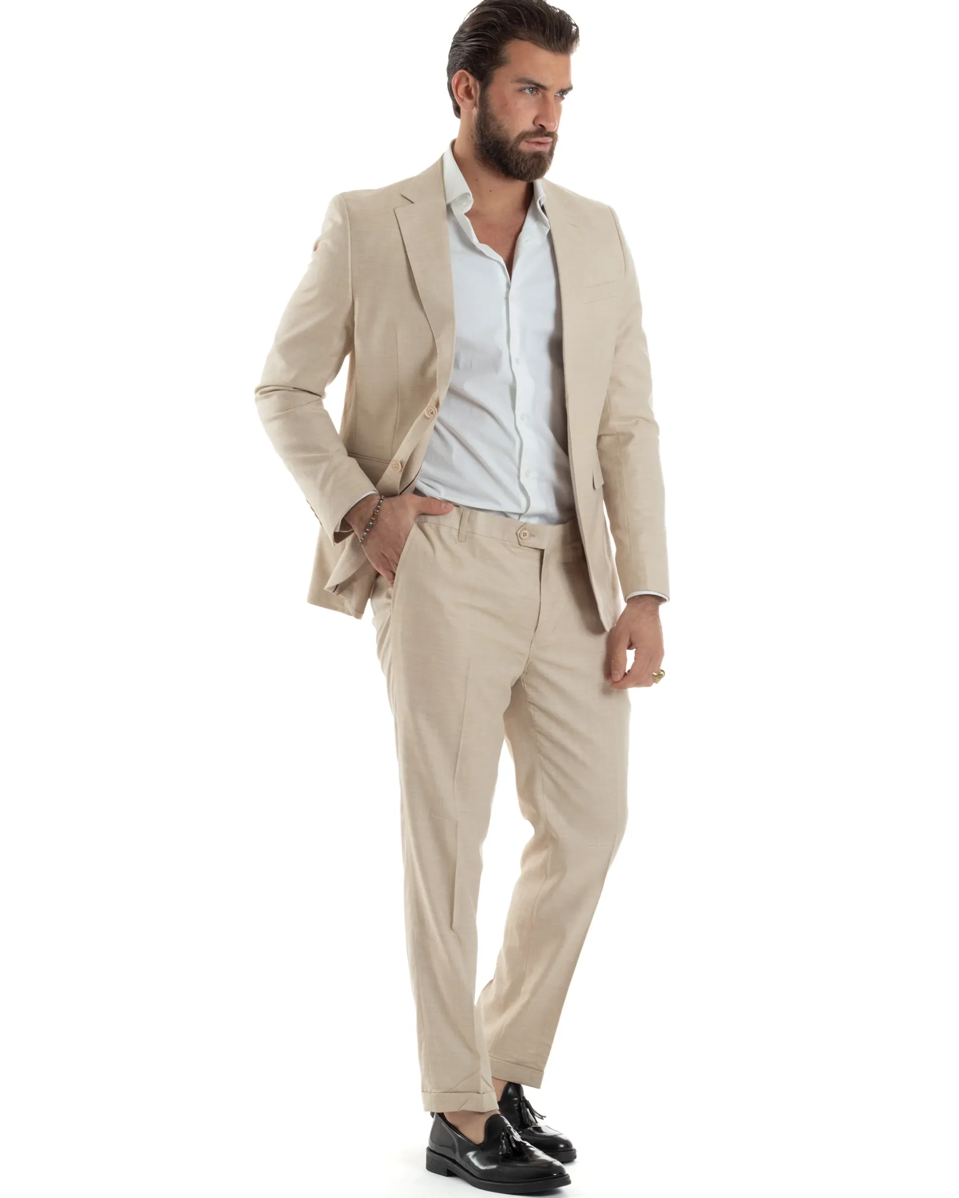 Abito Uomo Monopetto Vestito Viscosa Completo Giacca Pantaloni Beige Melangiato AE1127A