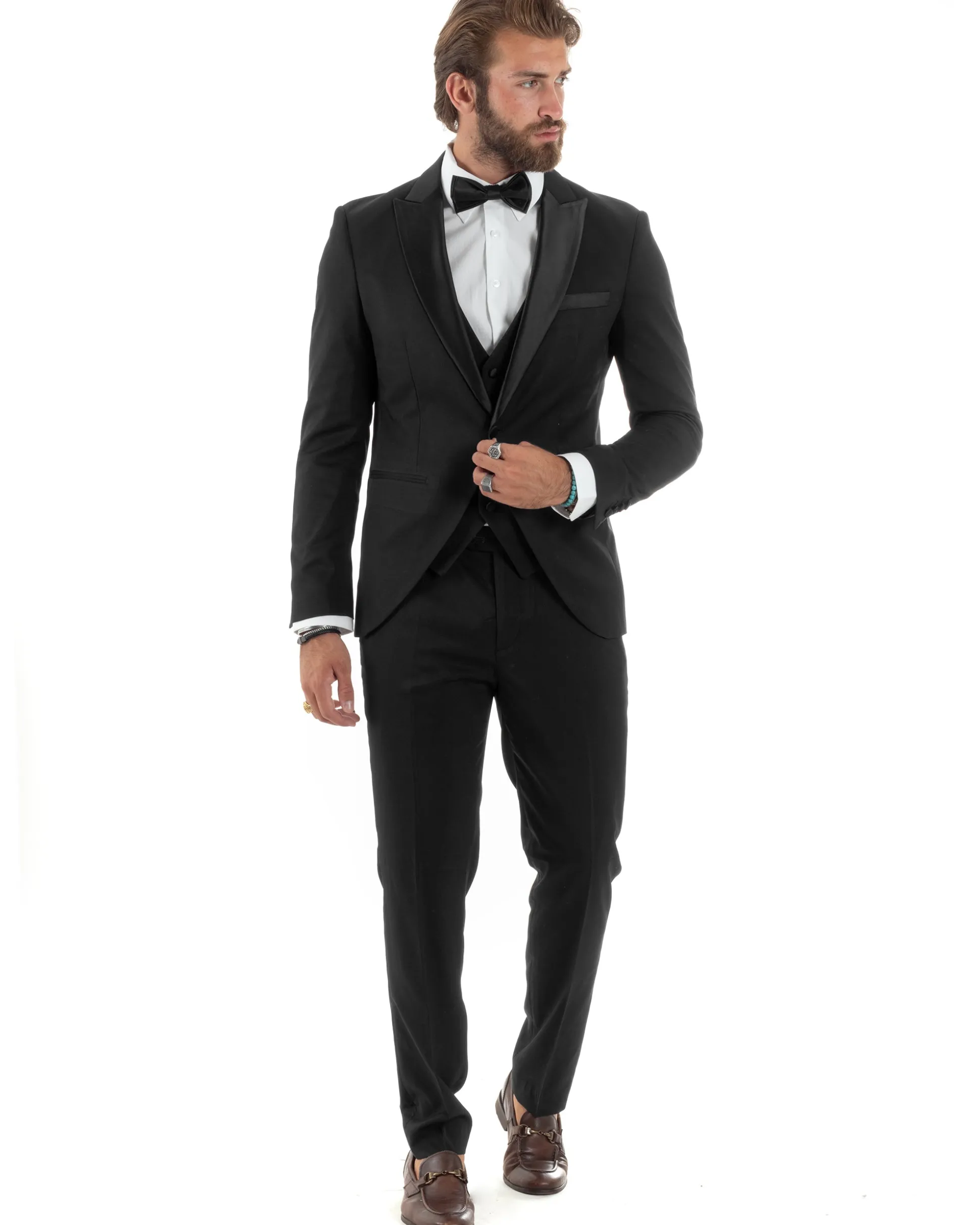 Abito uomo monopetto vestito 3 pezzi completo panciotto smoking raso nero GIOSAL-AE1098A