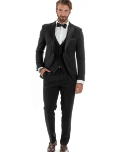 Abito uomo monopetto vestito 3 pezzi completo panciotto smoking raso nero GIOSAL-AE1098A