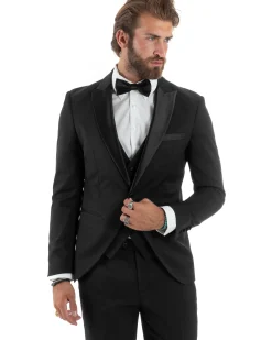 Abito uomo monopetto vestito 3 pezzi completo panciotto smoking raso nero GIOSAL-AE1098A