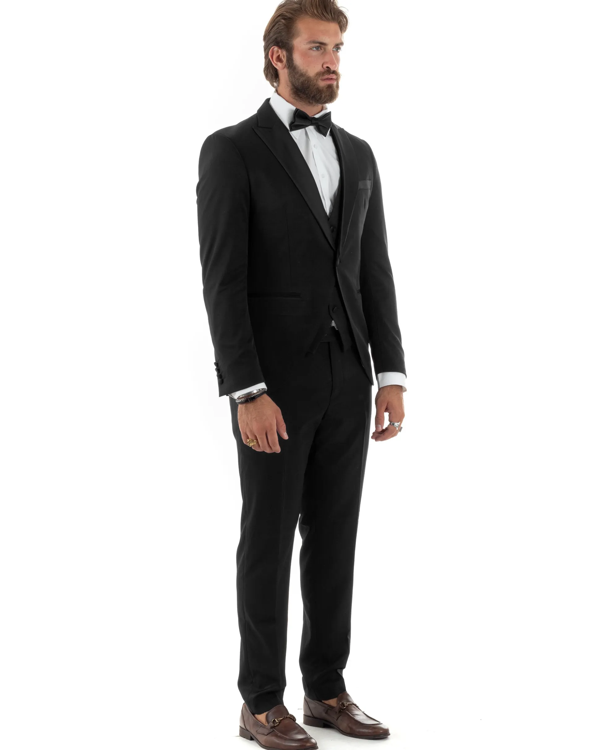 Abito uomo monopetto vestito 3 pezzi completo panciotto smoking raso nero GIOSAL-AE1098A