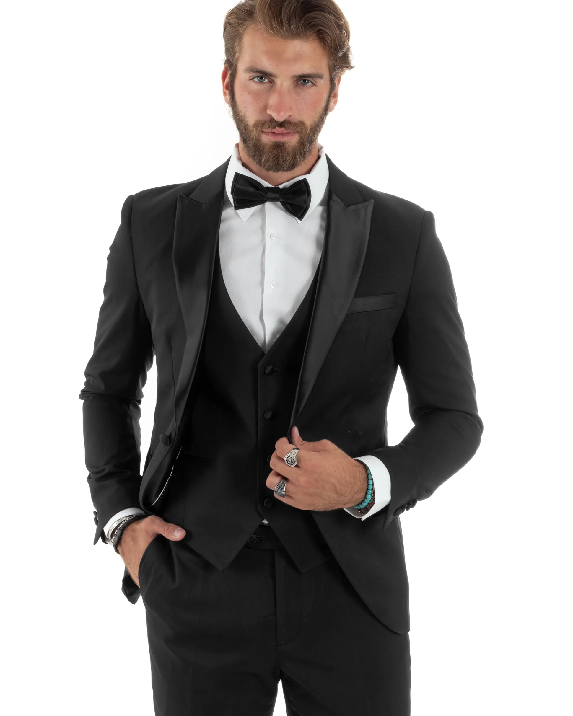 Abito uomo monopetto vestito 3 pezzi completo panciotto smoking raso nero GIOSAL-AE1098A