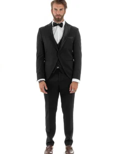 Abito uomo monopetto vestito 3 pezzi completo panciotto smoking raso nero GIOSAL-AE1098A