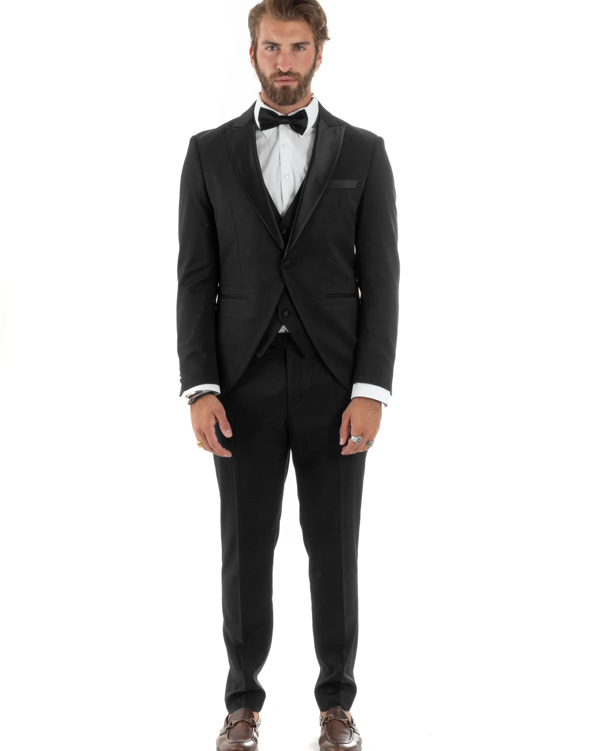 Abito uomo monopetto vestito 3 pezzi completo panciotto smoking raso nero GIOSAL-AE1098A
