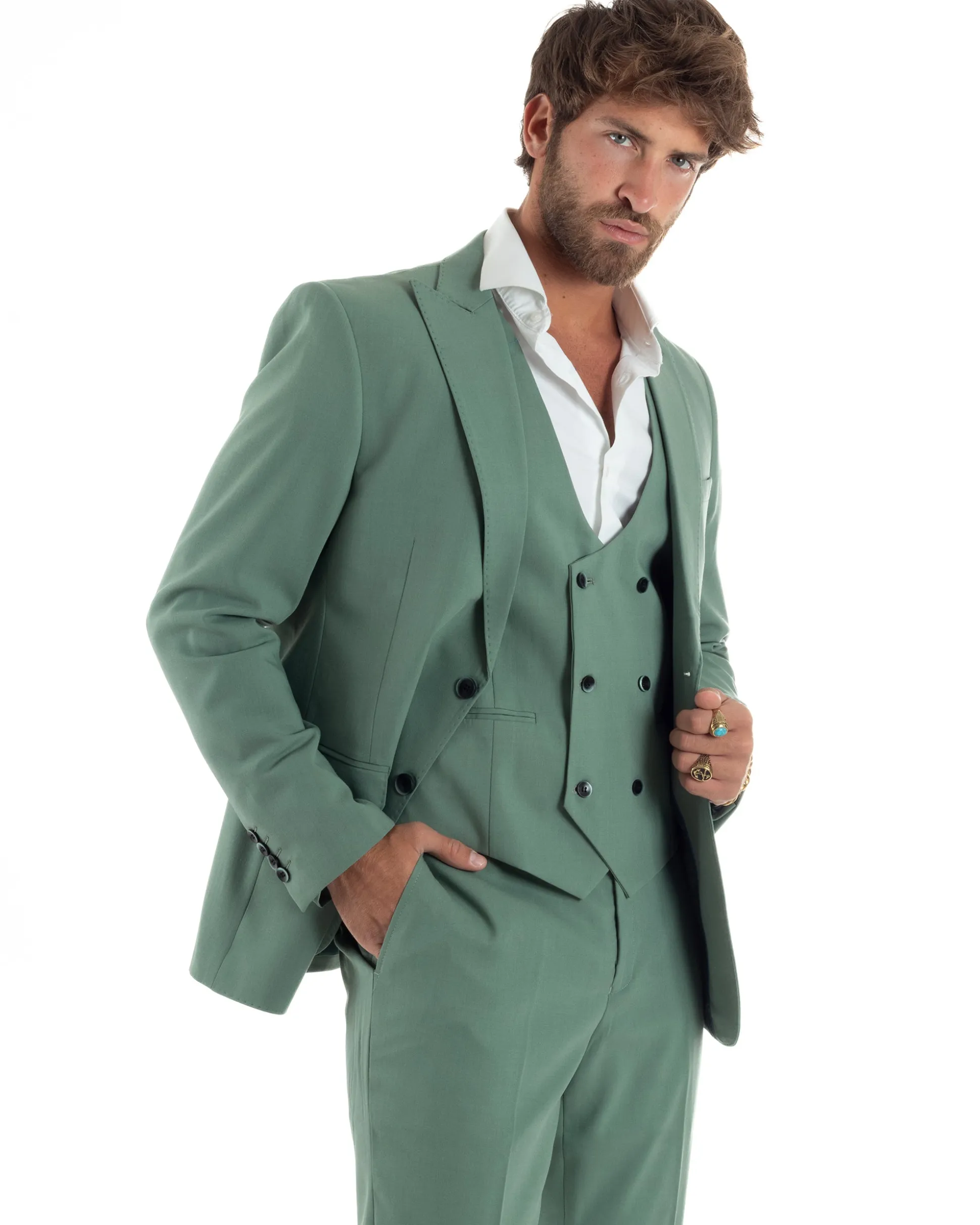 Abito Uomo Monopetto Vestito 3 Pezzi Completo Panciotto Verde Salvia AE1161A