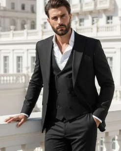 Abito Uomo Monopetto Vestito 3 Pezzi Completo Panciotto Nero AE1067A