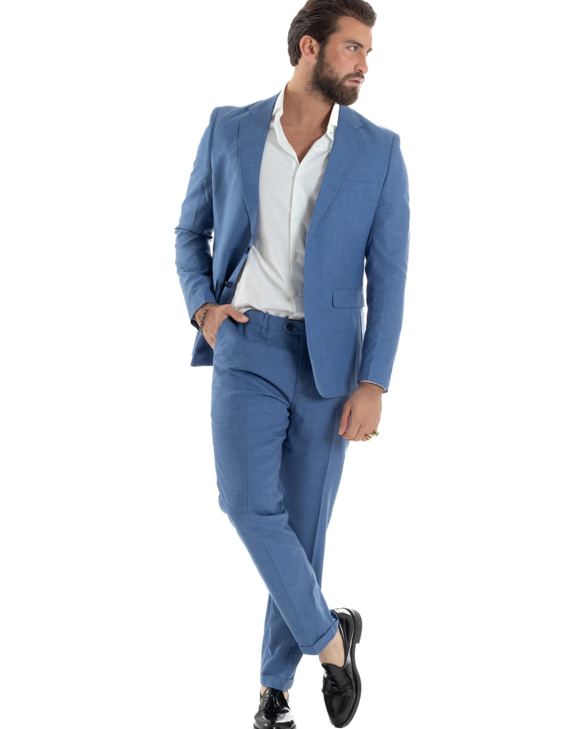 Abito Uomo Monopetto Vestito Viscosa Completo Giacca Pantaloni Blu Chiaro Melangiato AE1126A