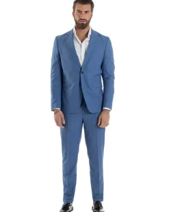 Abito Uomo Monopetto Vestito Viscosa Completo Giacca Pantaloni Blu Chiaro Melangiato AE1126A