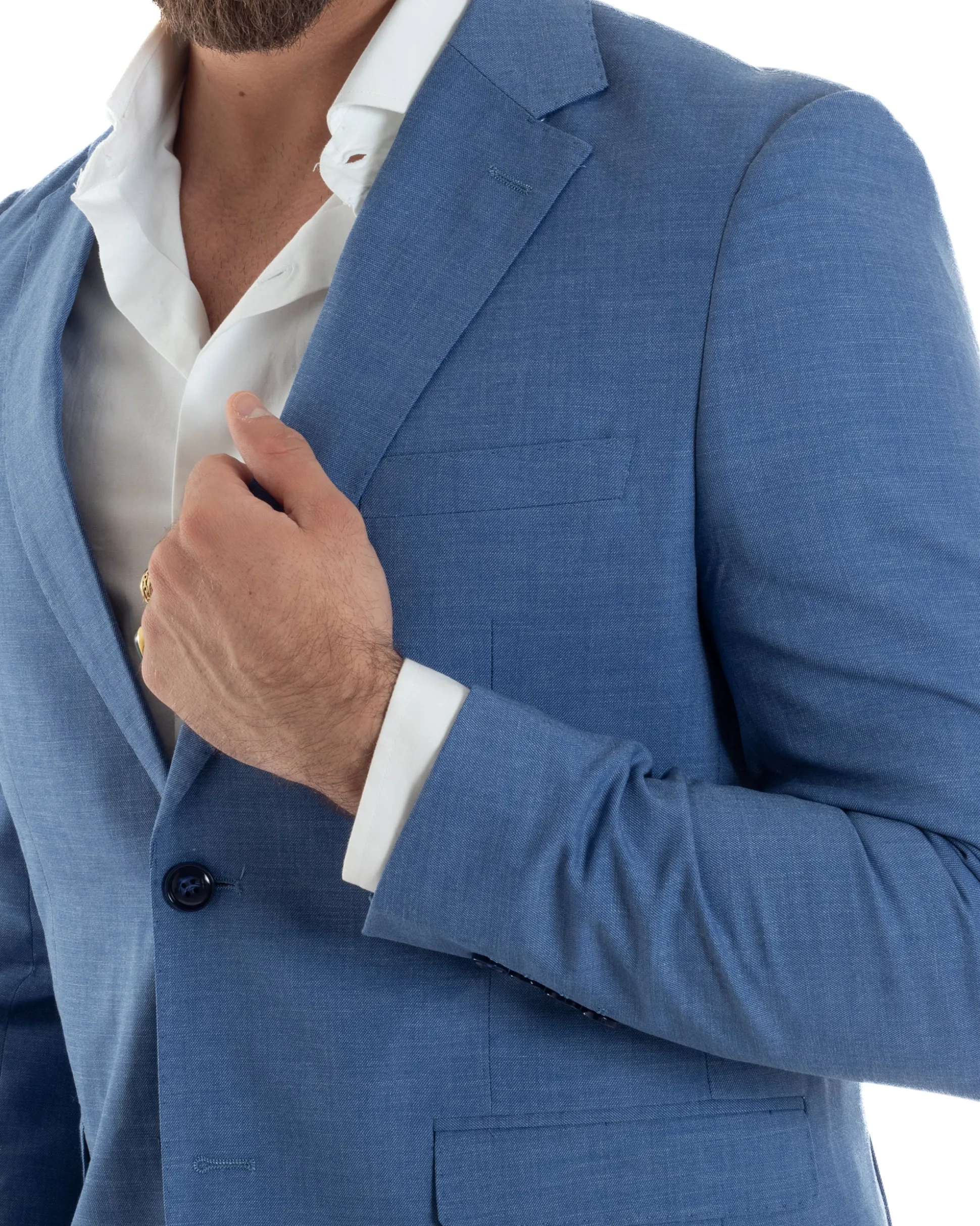 Abito Uomo Monopetto Vestito Viscosa Completo Giacca Pantaloni Blu Chiaro Melangiato AE1126A