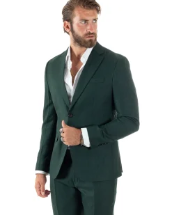Abito Uomo Monopetto Vestito Viscosa Completo Giacca Pantaloni Verde Scuro Melangiato AE1091A