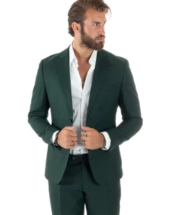 Abito Uomo Monopetto Vestito Viscosa Completo Giacca Pantaloni Verde Scuro Melangiato AE1091A