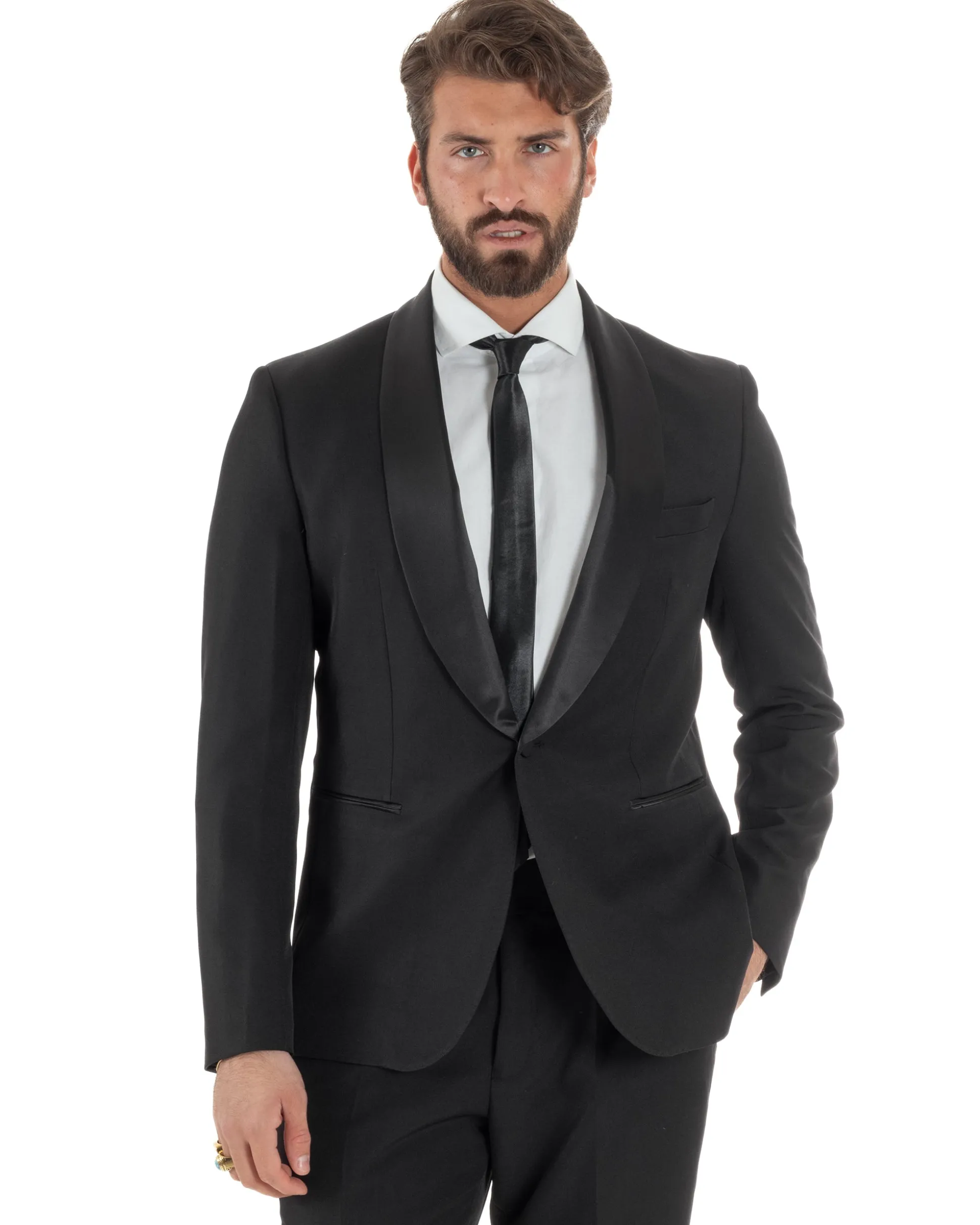 Abito uomo monopetto vestito completo smoking rever sciallato raso nero GIOSAL-AE1213A