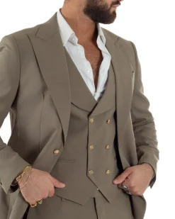 Abito uomo vestito monopetto 3 pezzi panciotto bottoni oro tortora GIOSAL-AE1224A