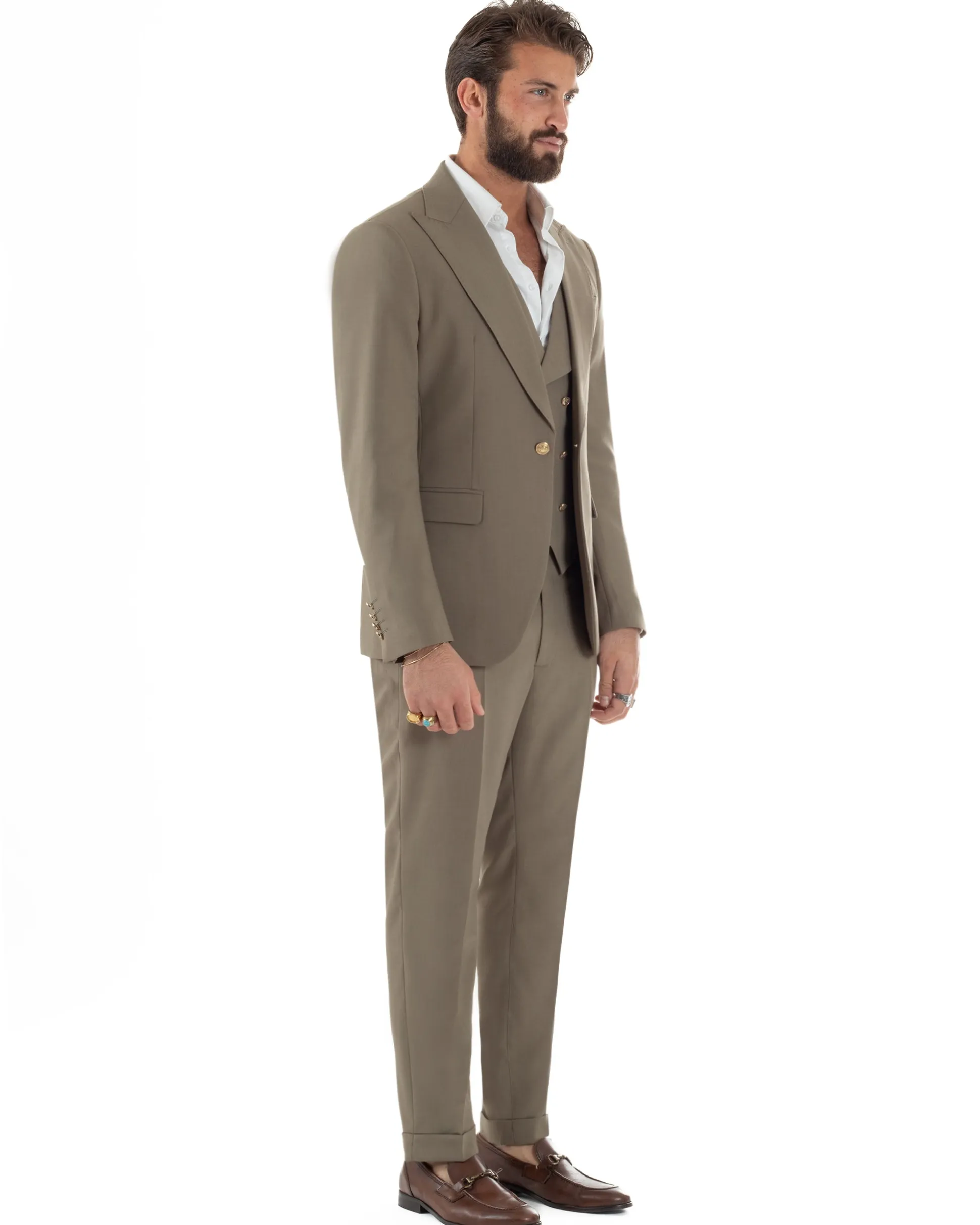Abito uomo vestito monopetto 3 pezzi panciotto bottoni oro tortora GIOSAL-AE1224A