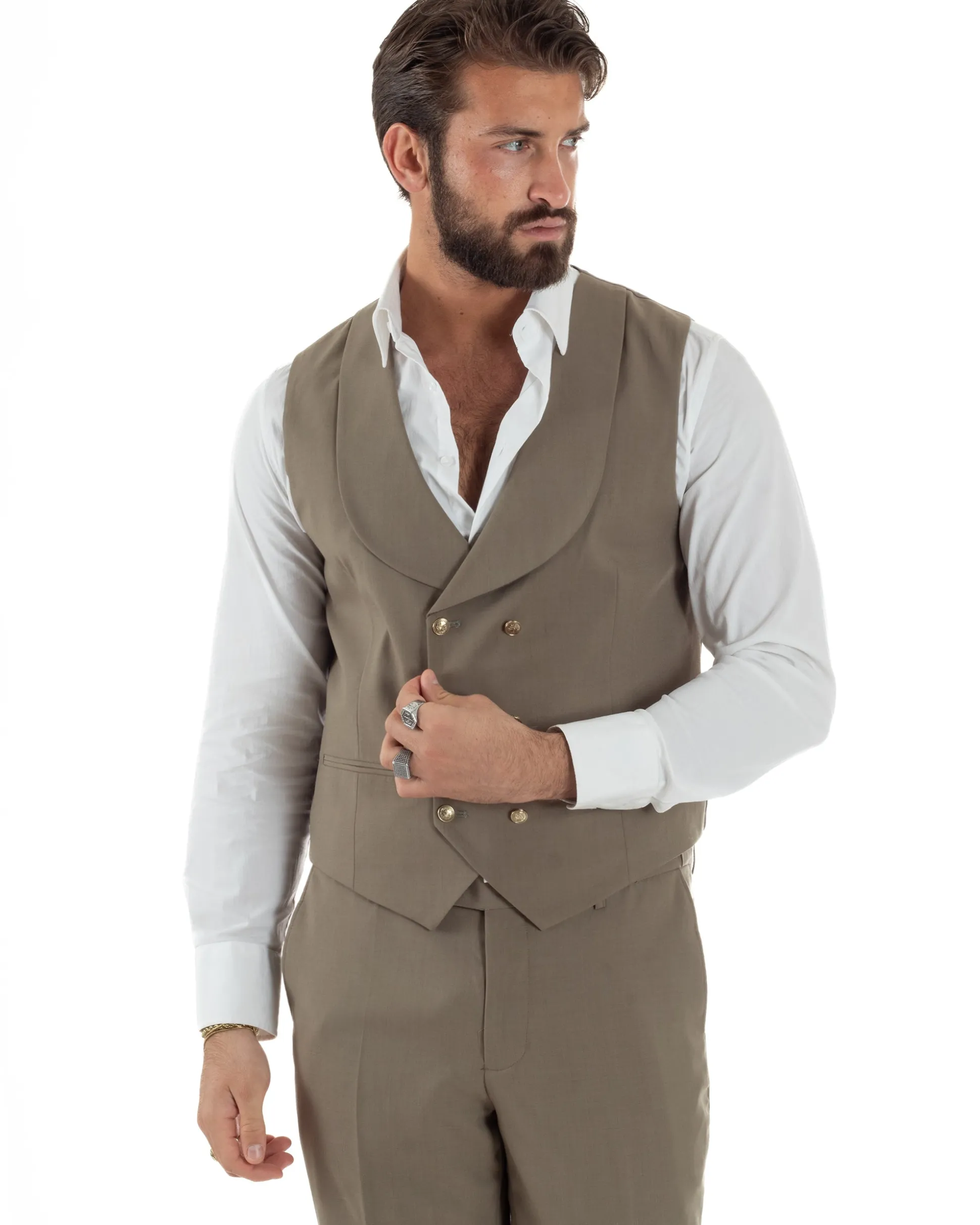 Abito uomo vestito monopetto 3 pezzi panciotto bottoni oro tortora GIOSAL-AE1224A