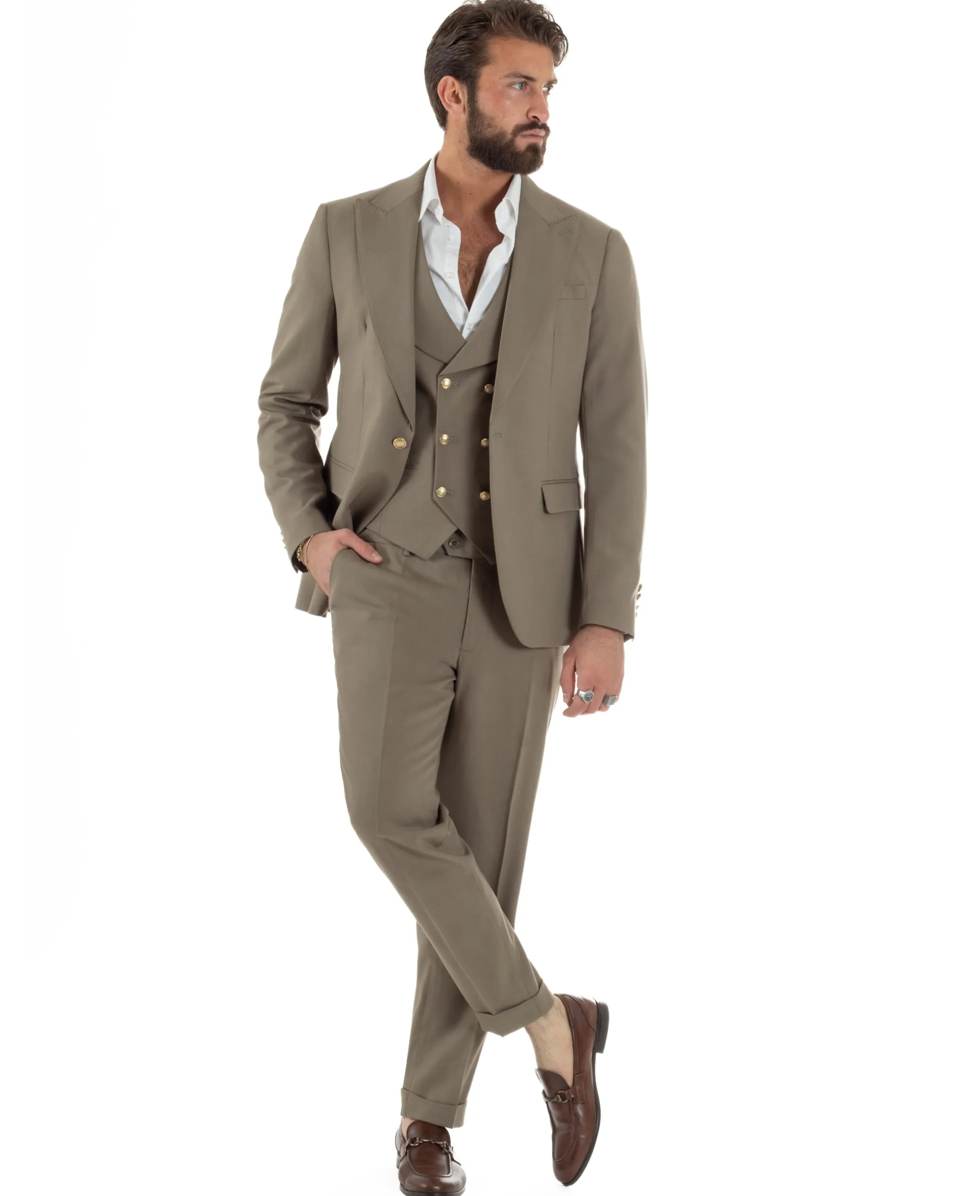 Abito uomo vestito monopetto 3 pezzi panciotto bottoni oro tortora GIOSAL-AE1224A