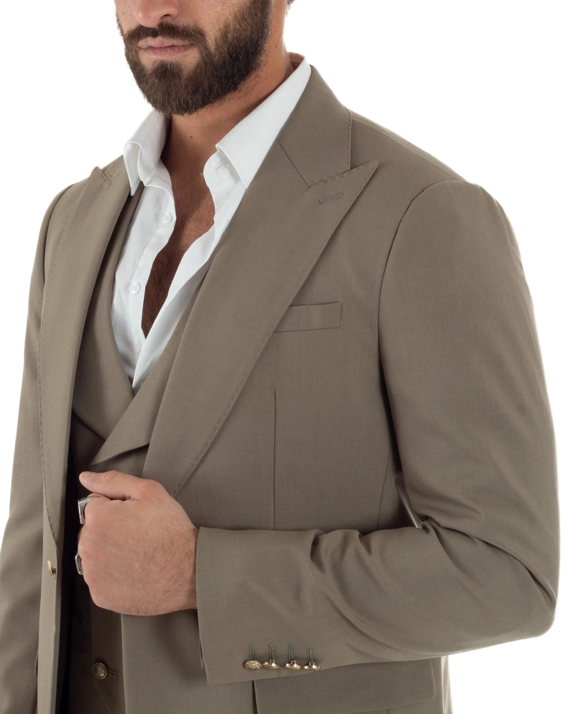 Abito uomo vestito monopetto 3 pezzi panciotto bottoni oro tortora GIOSAL-AE1224A