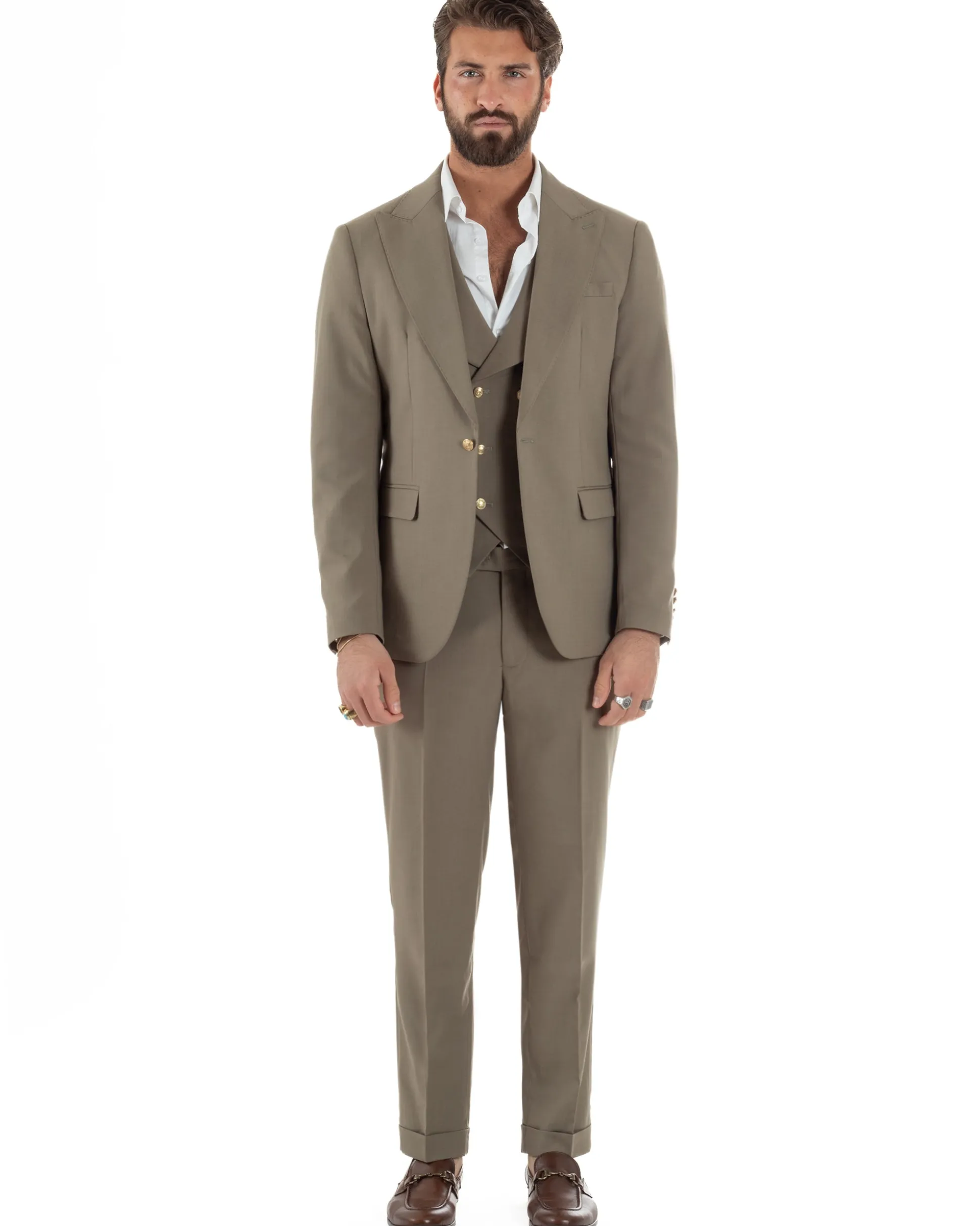 Abito uomo vestito monopetto 3 pezzi panciotto bottoni oro tortora GIOSAL-AE1224A