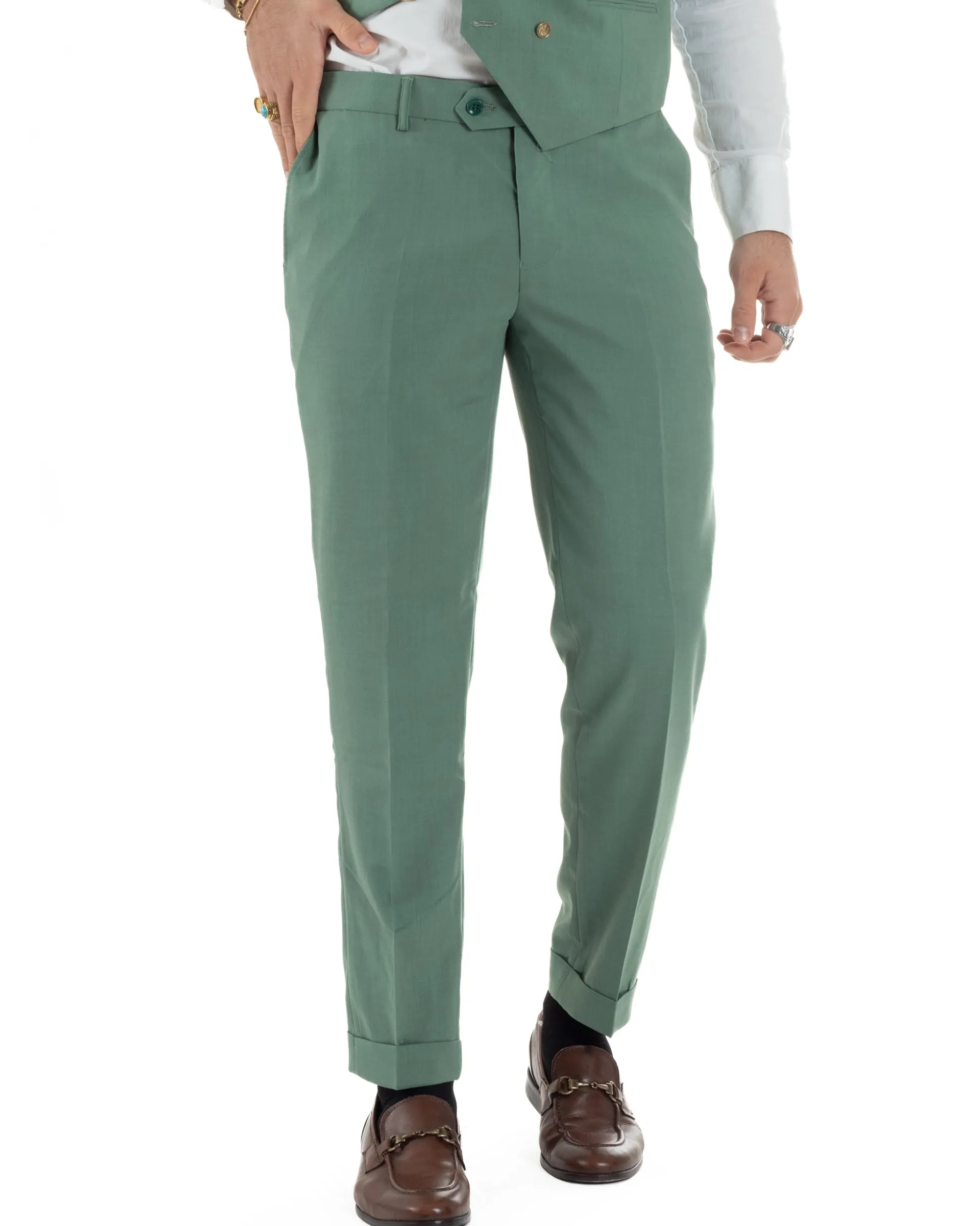 Abito uomo vestito monopetto 3 pezzi panciotto bottoni oro verde salvia GIOSAL-AE1225A