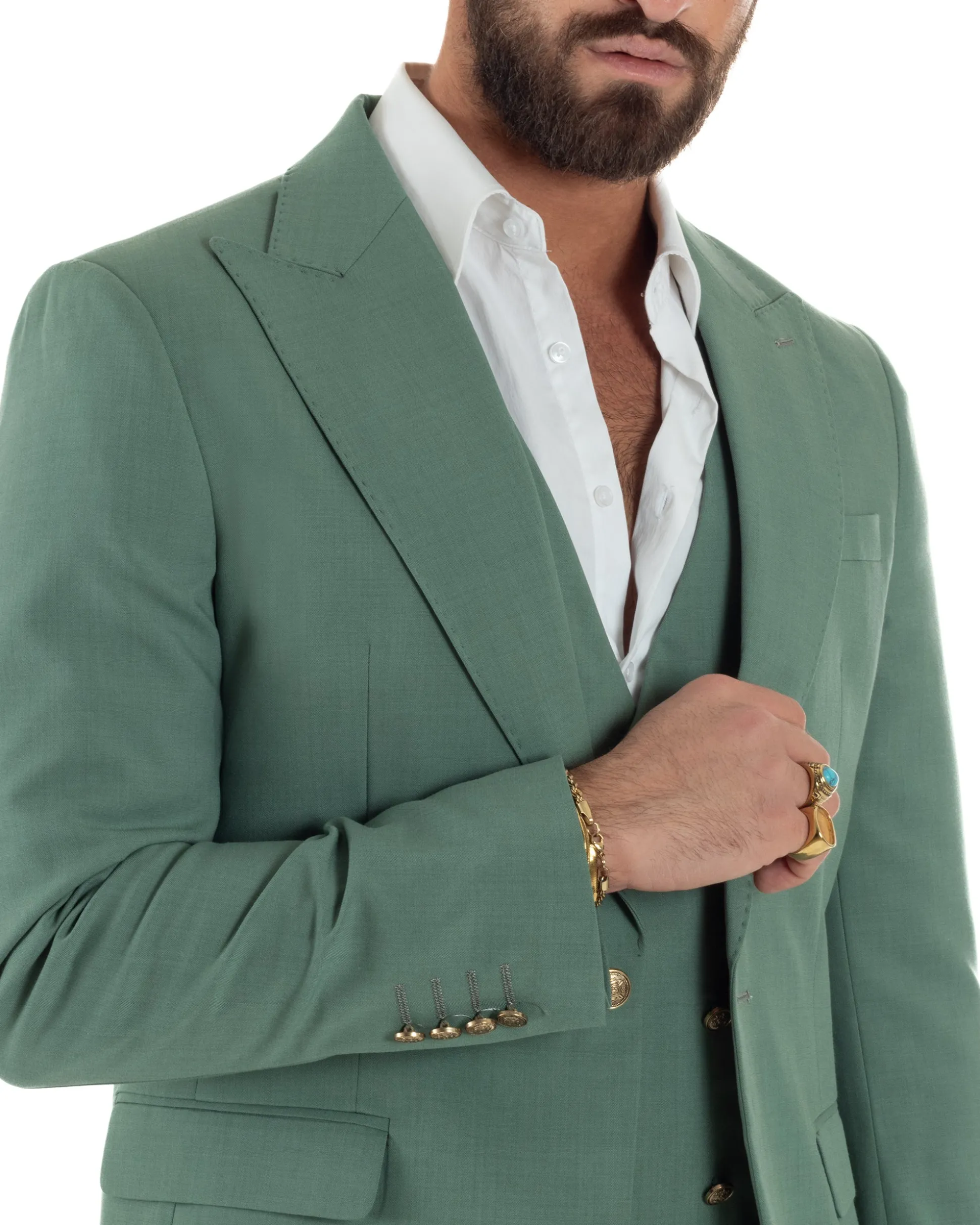 Abito uomo vestito monopetto 3 pezzi panciotto bottoni oro verde salvia GIOSAL-AE1225A