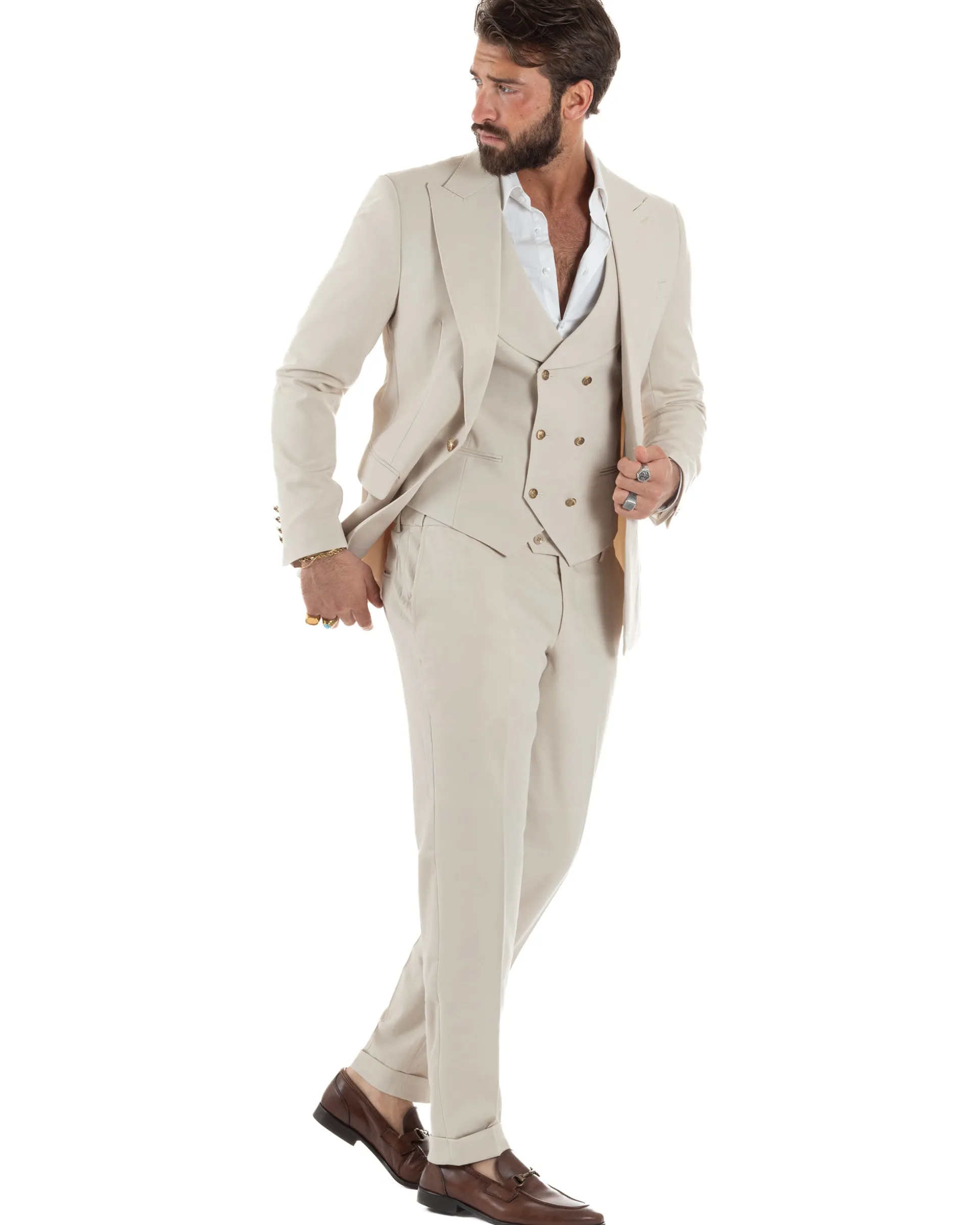Abito uomo vestito monopetto 3 pezzi panciotto bottoni oro panna GIOSAL-AE1229A