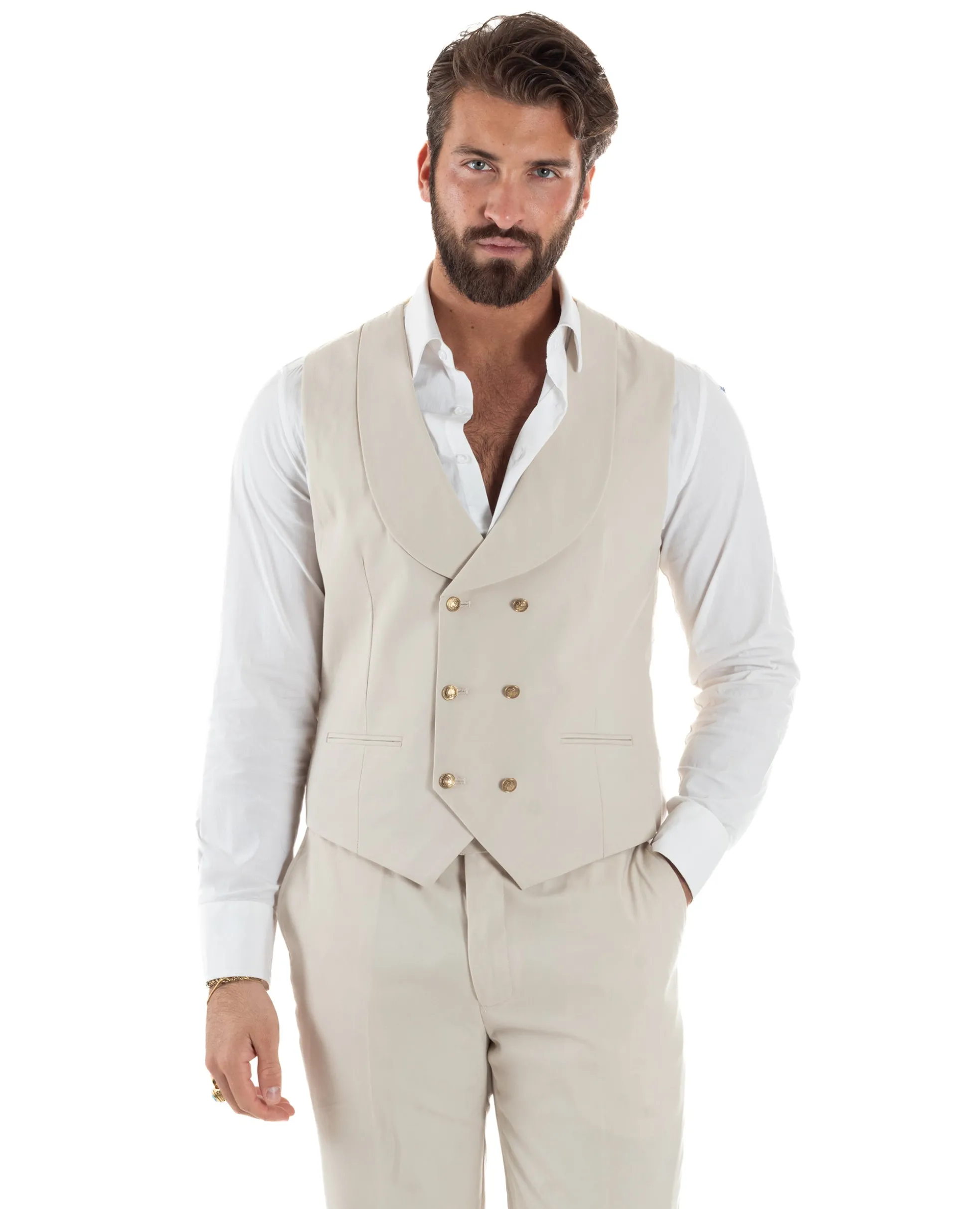 Abito uomo vestito monopetto 3 pezzi panciotto bottoni oro panna GIOSAL-AE1229A