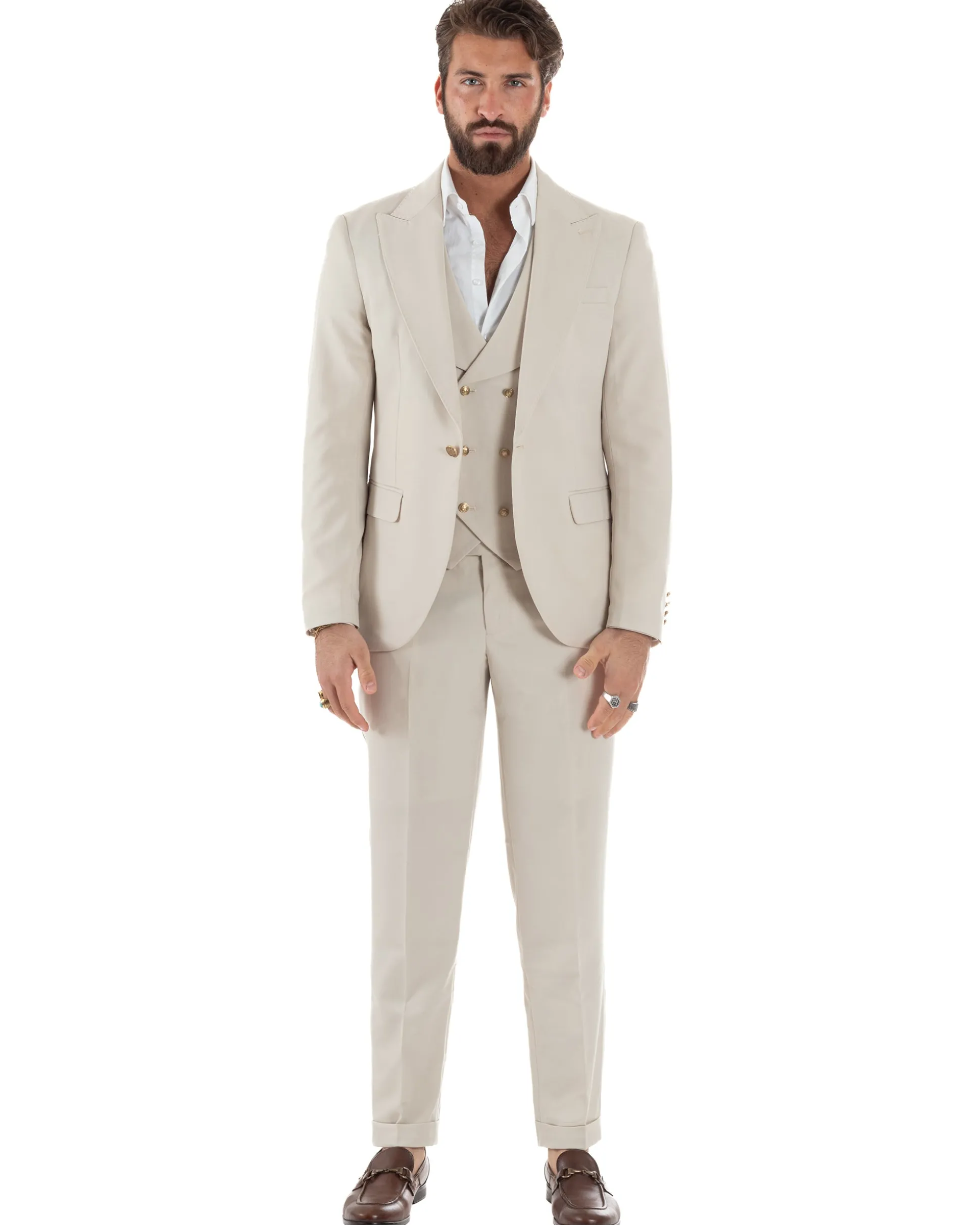 Abito uomo vestito monopetto 3 pezzi panciotto bottoni oro panna GIOSAL-AE1229A