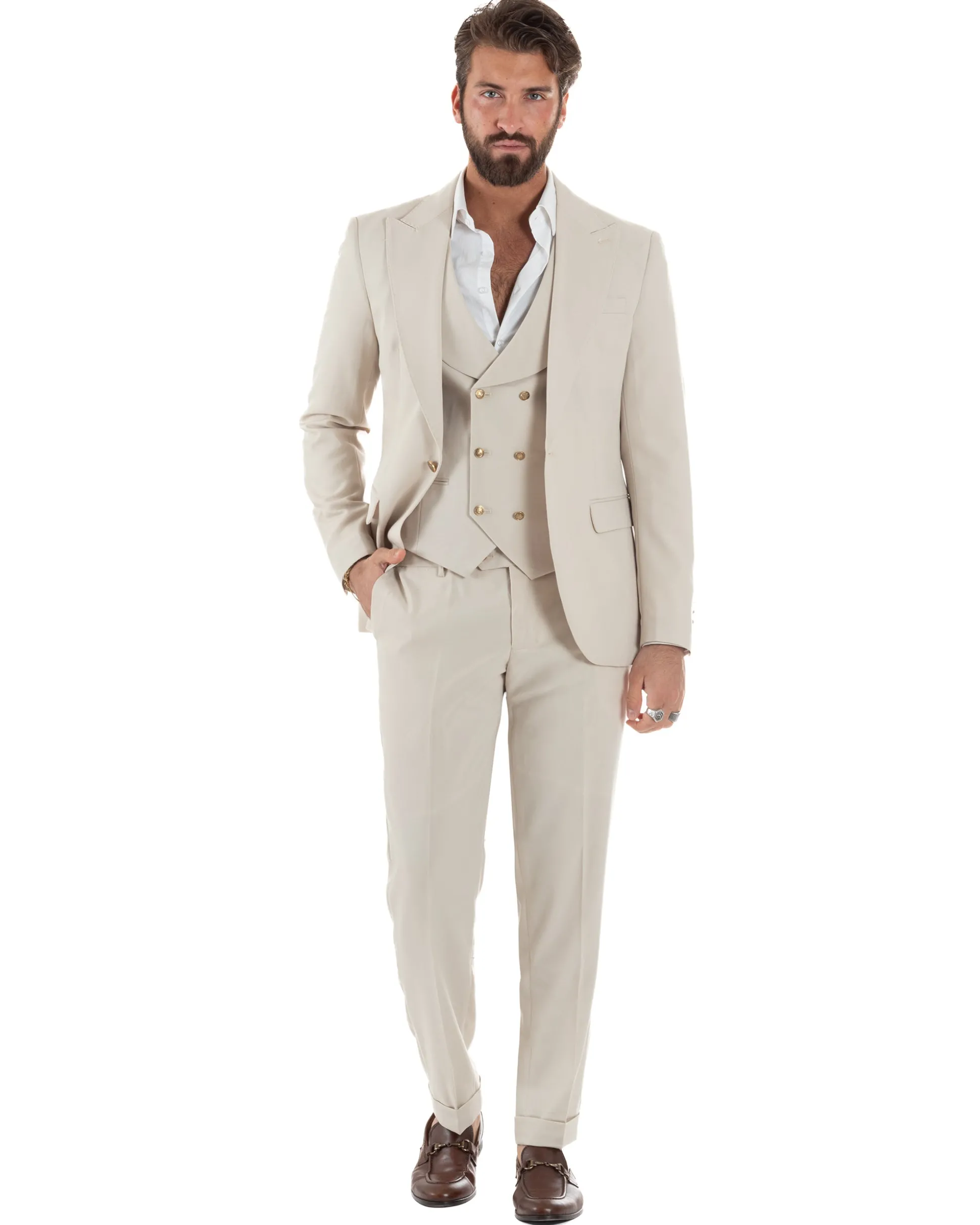 Abito uomo vestito monopetto 3 pezzi panciotto bottoni oro panna GIOSAL-AE1229A