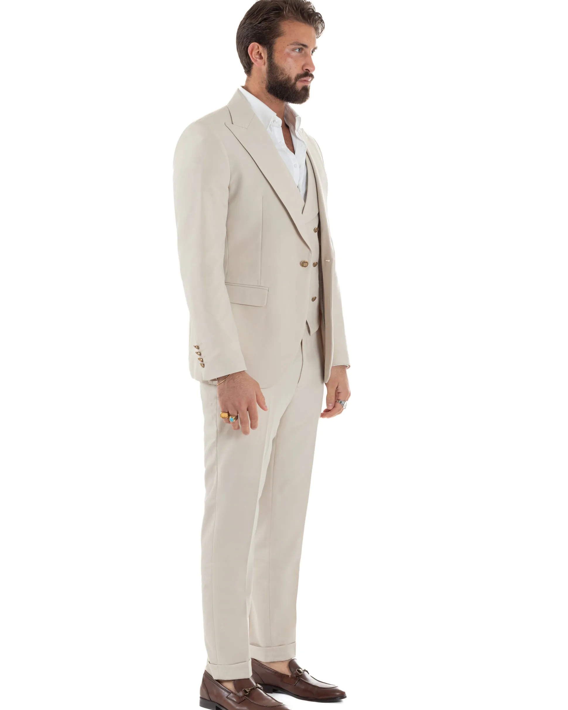 Abito uomo vestito monopetto 3 pezzi panciotto bottoni oro panna GIOSAL-AE1229A