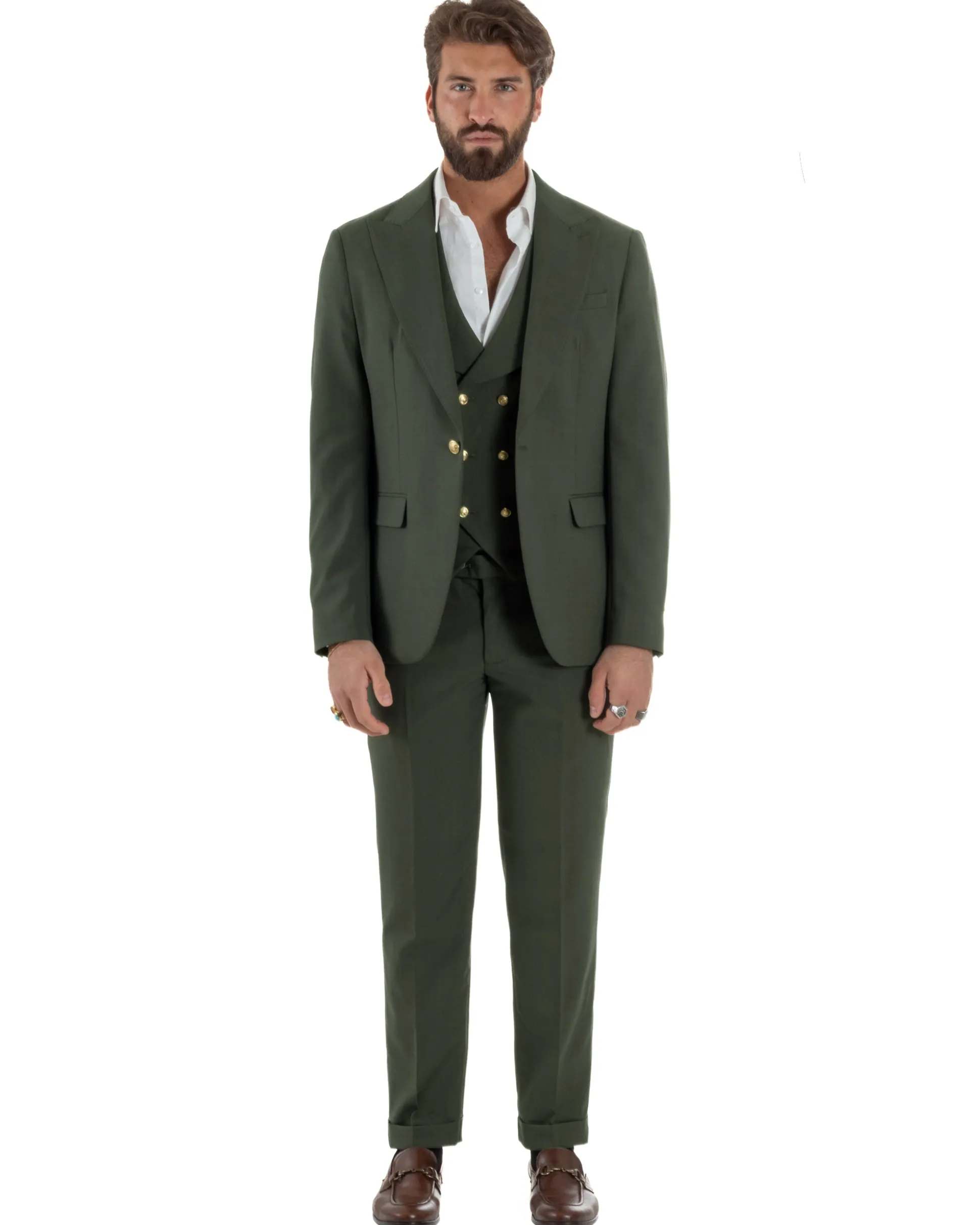 Abito uomo vestito monopetto 3 pezzi panciotto bottoni oro verde militare GIOSAL-AE1226A