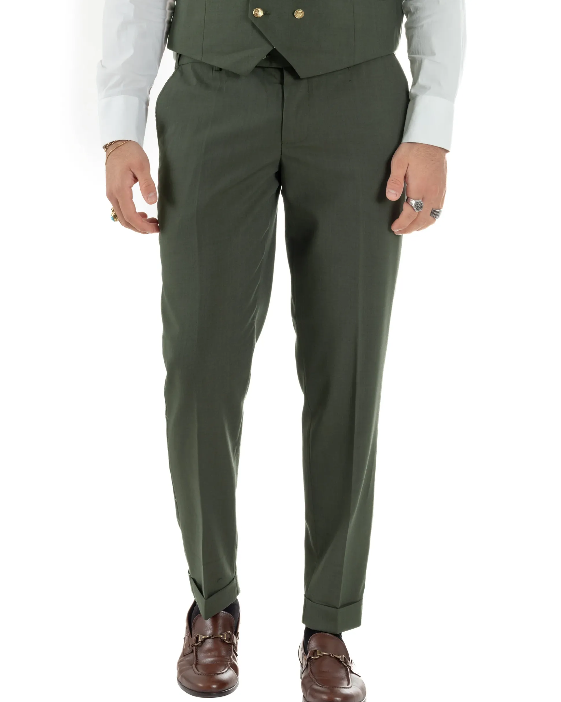 Abito uomo vestito monopetto 3 pezzi panciotto bottoni oro verde militare GIOSAL-AE1226A