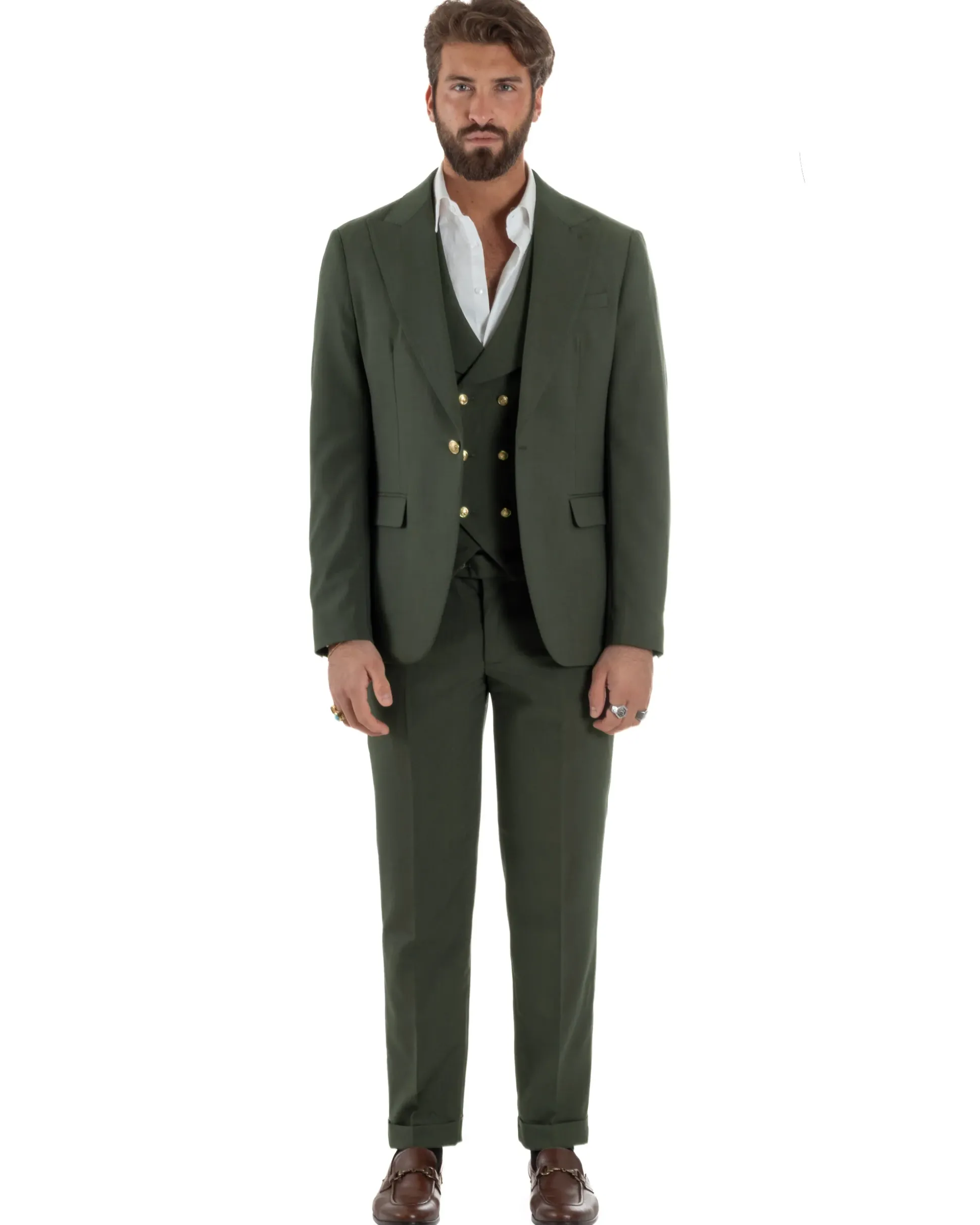Abito uomo vestito monopetto 3 pezzi panciotto bottoni oro verde militare GIOSAL-AE1226A